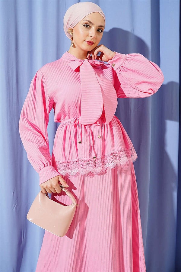 Pink Lace-Up Corduroy Skirt 2 Piece Set