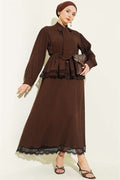 Neckline Lace Trimmed Corduroy Skirt 2 Piece Set in Coffee Brown