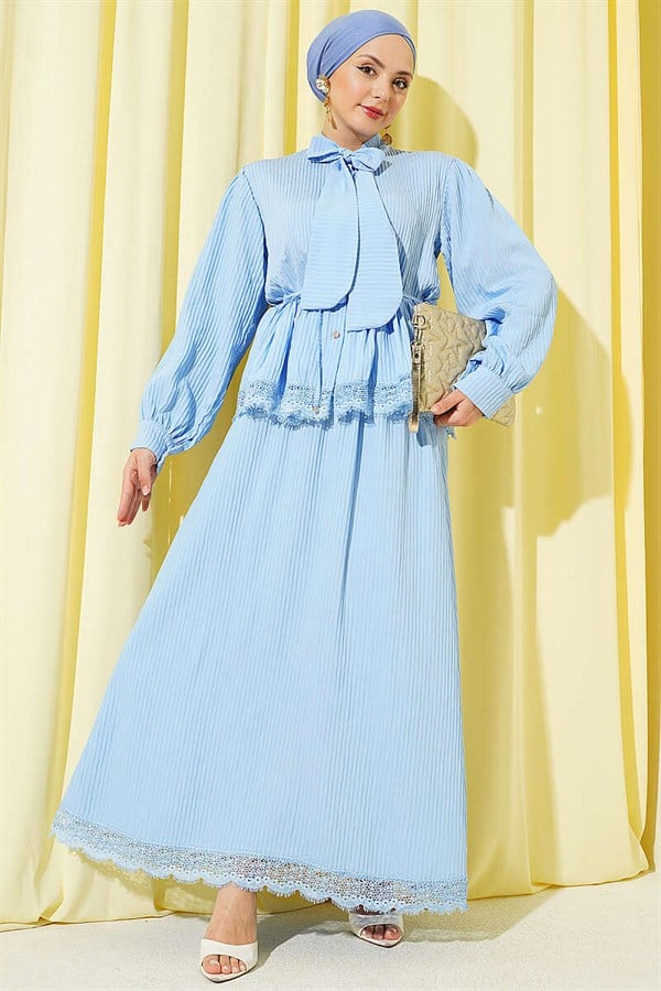 Blue Lace-Up Corduroy Skirt 2 Piece Set with Neckline Tie