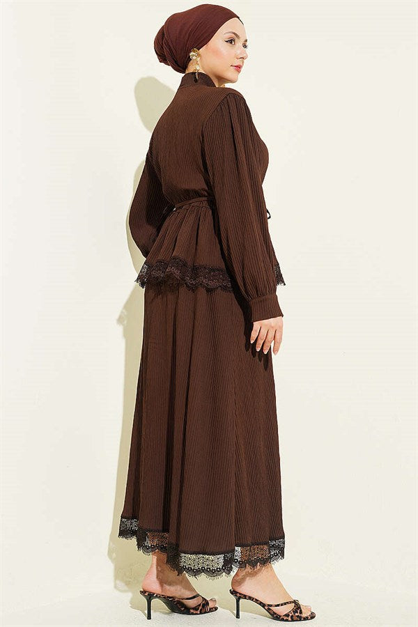 Neckline Lace Trimmed Corduroy Skirt 2 Piece Set in Coffee Brown