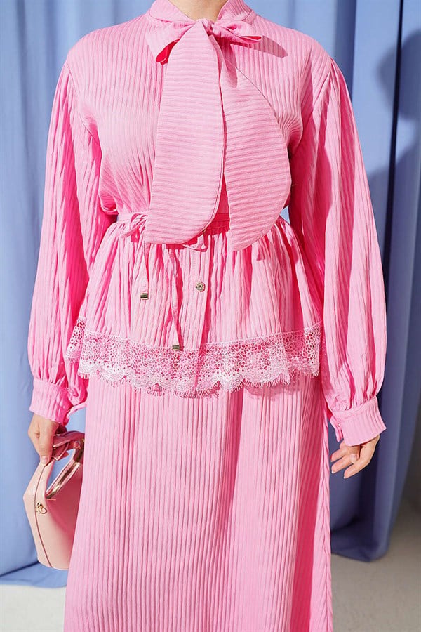 Pink Lace-Up Corduroy Skirt 2 Piece Set