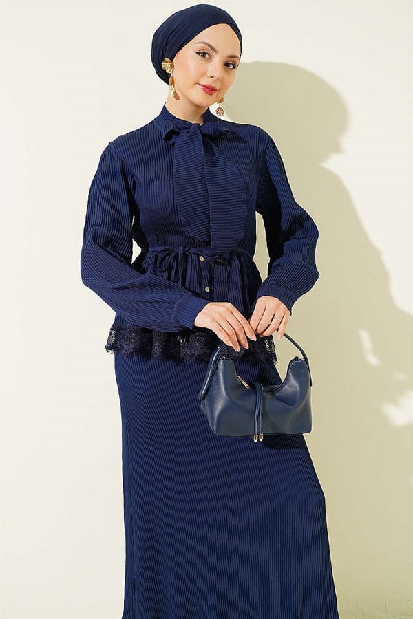 Navy Blue Lace-Up Corduroy Skirt 2 Piece Set