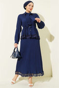 Navy Blue Lace-Up Corduroy Skirt 2 Piece Set