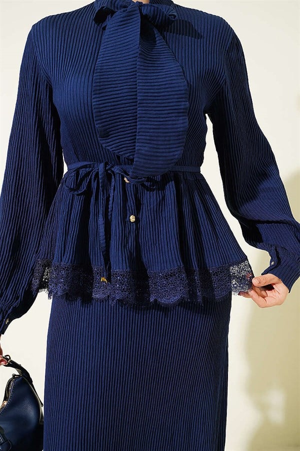 Navy Blue Lace-Up Corduroy Skirt 2 Piece Set