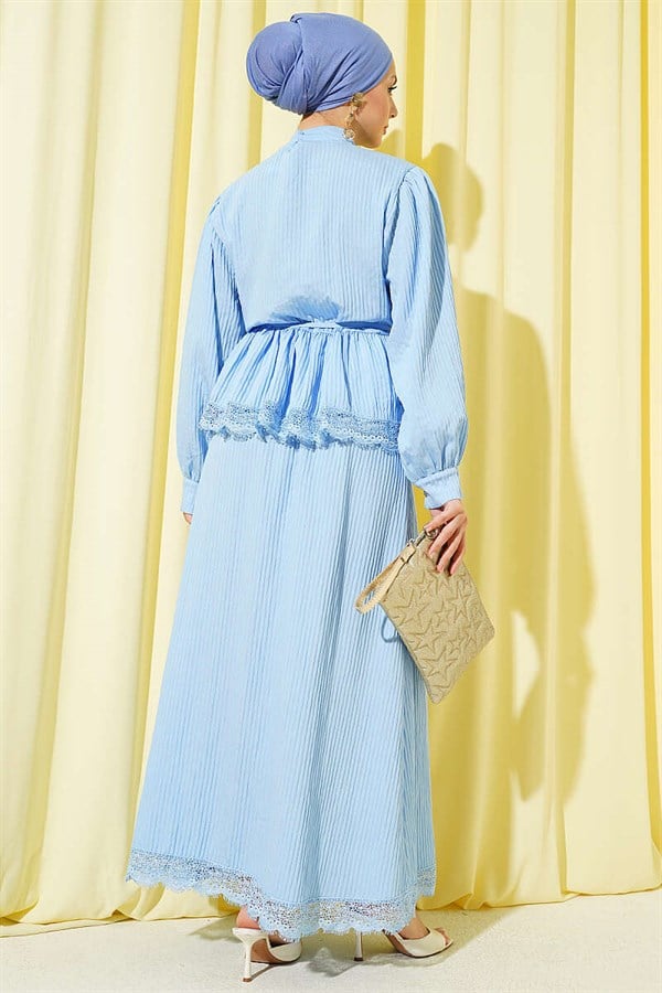 Blue Lace-Up Corduroy Skirt 2 Piece Set with Neckline Tie