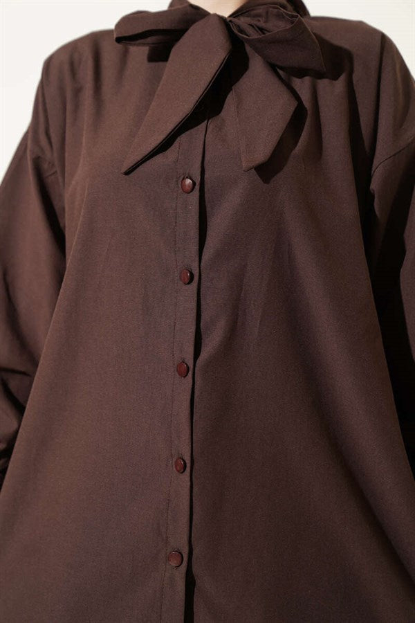Shirt with Collar Tie Detail, Brown