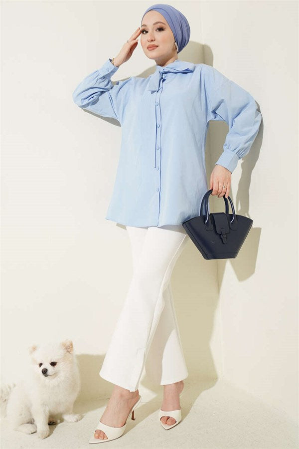 Shirt with Collar Tie Detail, Blue