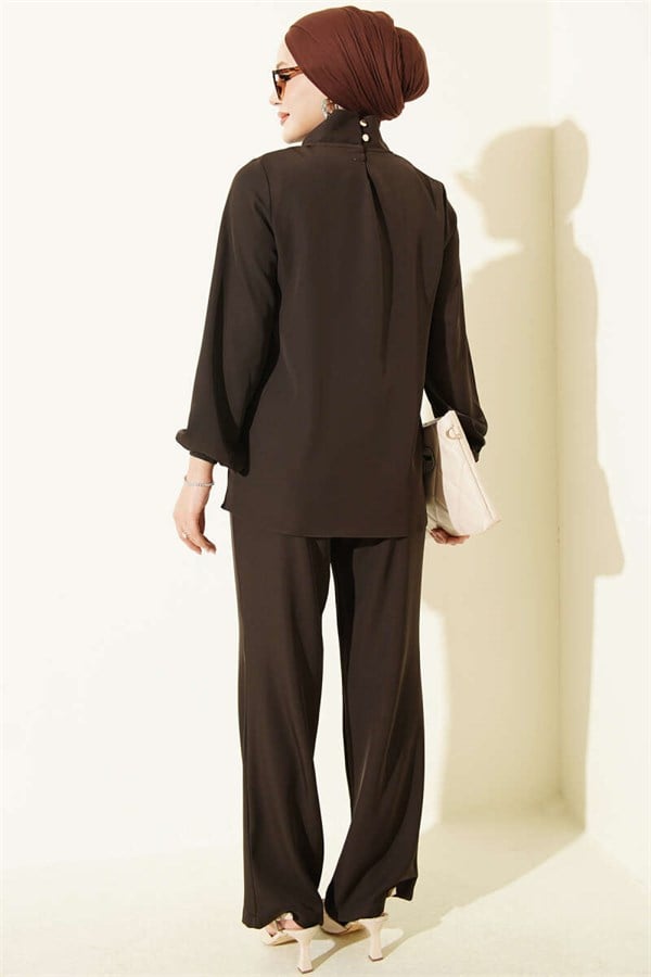 2 Piece Set with Neckline Detail, Dark Brown