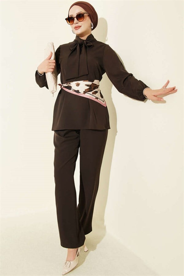 2 Piece Set with Neckline Detail, Dark Brown