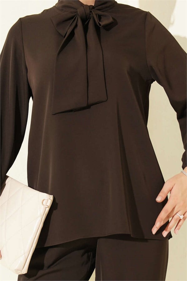 2 Piece Set with Neckline Detail, Dark Brown