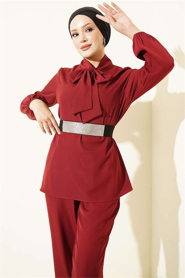 2 Piece Set with Neckline Detail, Burgundy