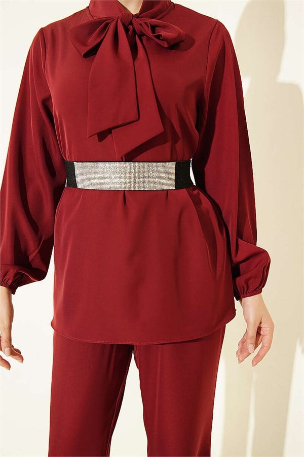 2 Piece Set with Neckline Detail, Burgundy