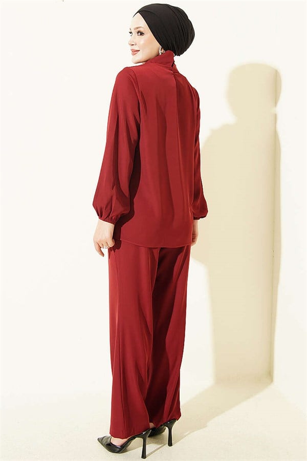 2 Piece Set with Neckline Detail, Burgundy