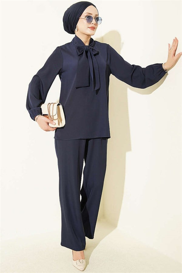 Navy Blue 2 Piece Set with Collar Tie Detail