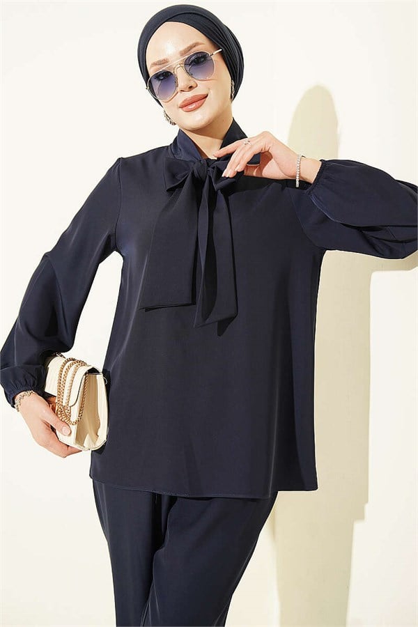 Navy Blue 2 Piece Set with Collar Tie Detail