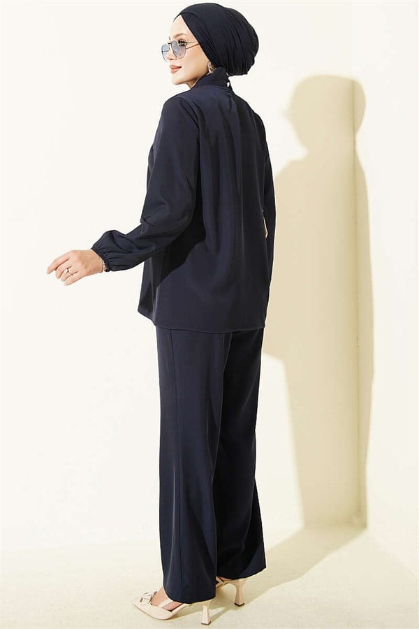 Navy Blue 2 Piece Set with Collar Tie Detail