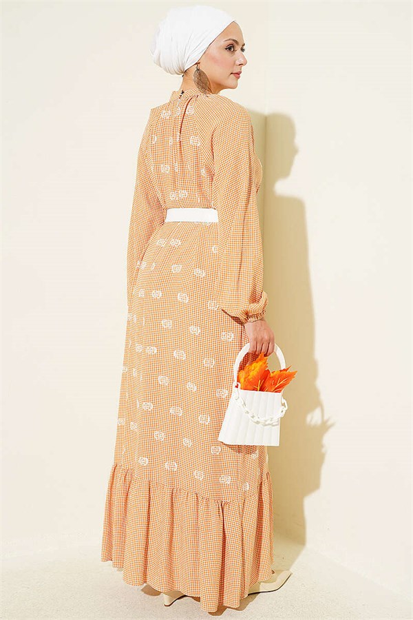 Camel Color Balloon Sleeve Gingham Dress with Neckline Tie