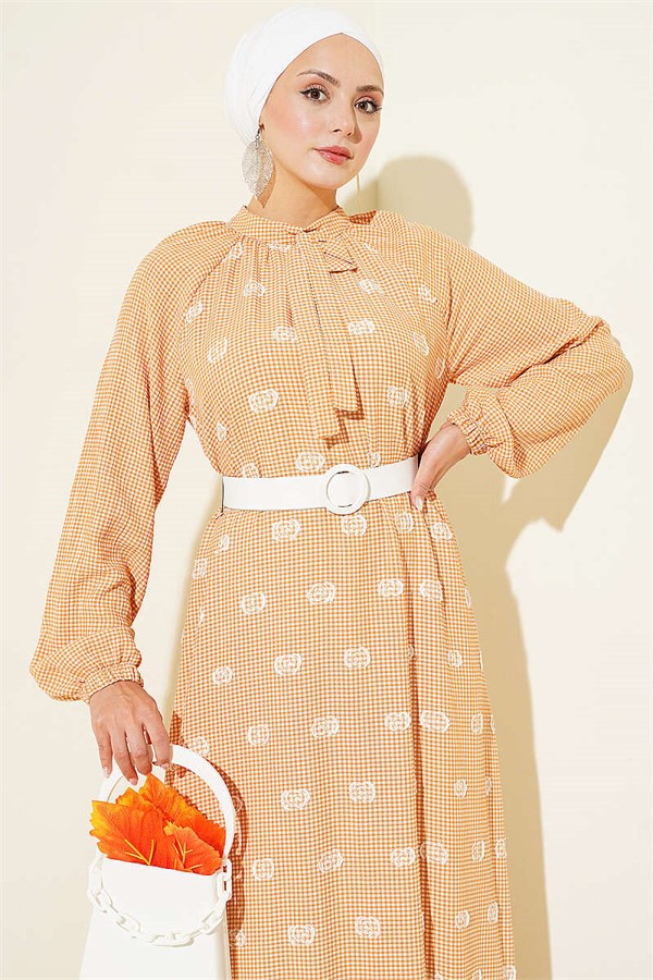 Camel Color Balloon Sleeve Gingham Dress with Neckline Tie