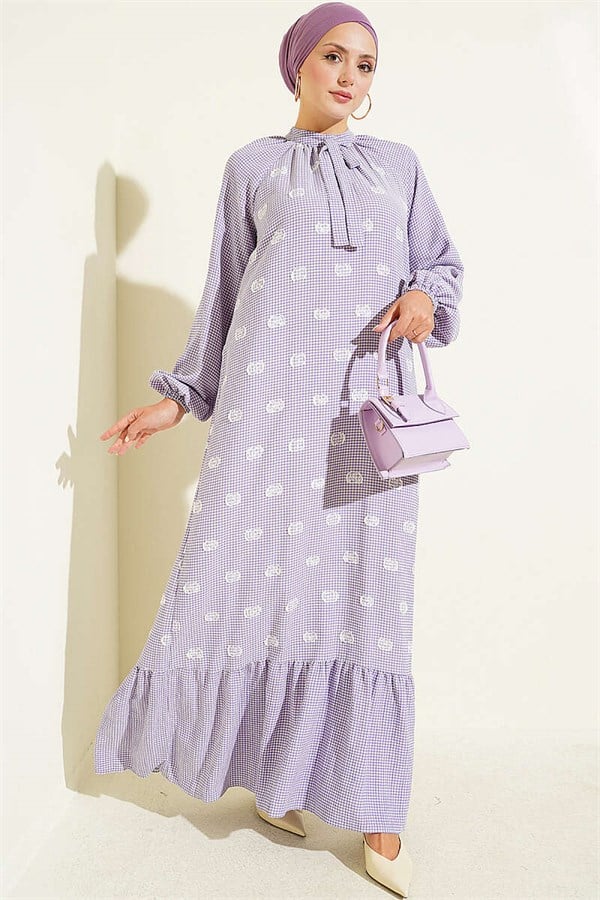 Collar-Tie Balloon Sleeve Gingham Dress Lilac
