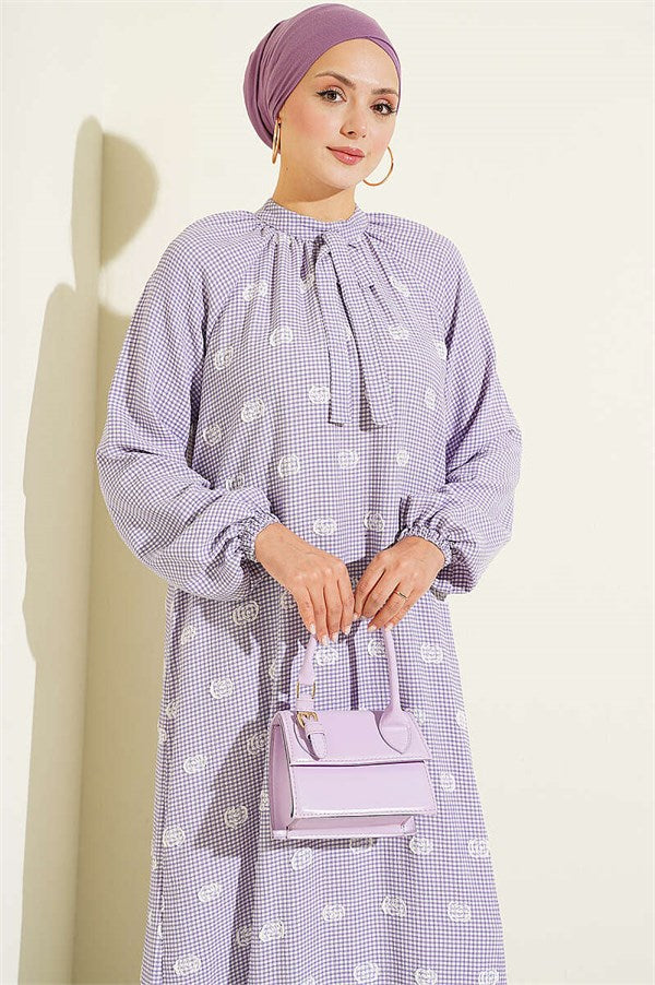 Collar-Tie Balloon Sleeve Gingham Dress Lilac