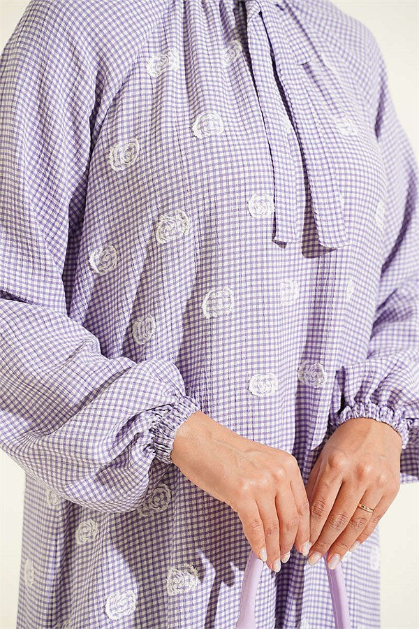Collar-Tie Balloon Sleeve Gingham Dress Lilac