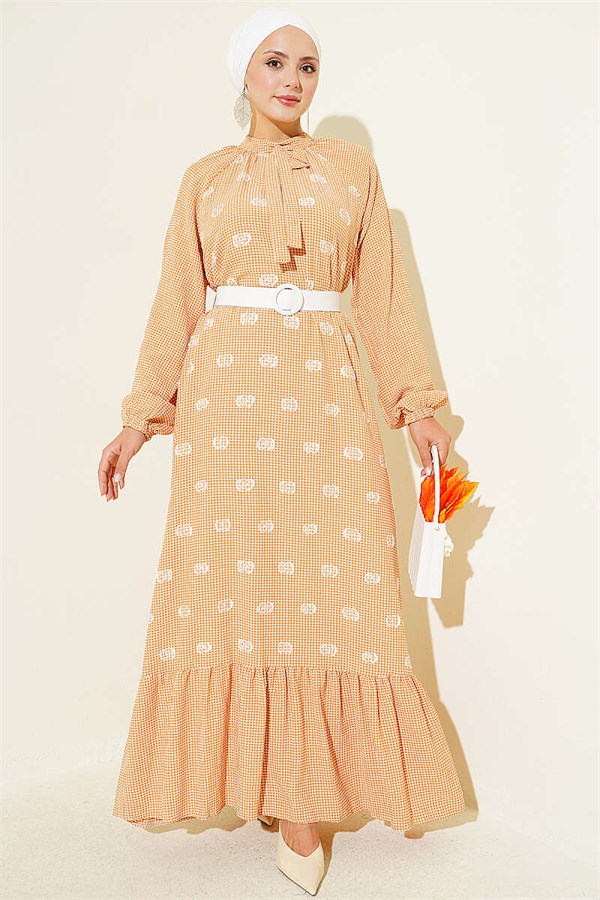 Camel Color Balloon Sleeve Gingham Dress with Neckline Tie