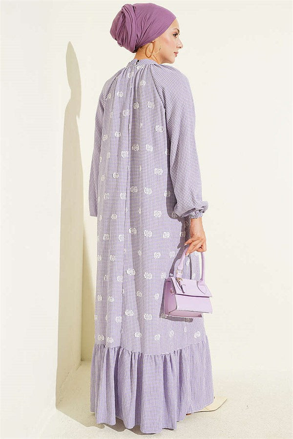 Collar-Tie Balloon Sleeve Gingham Dress Lilac