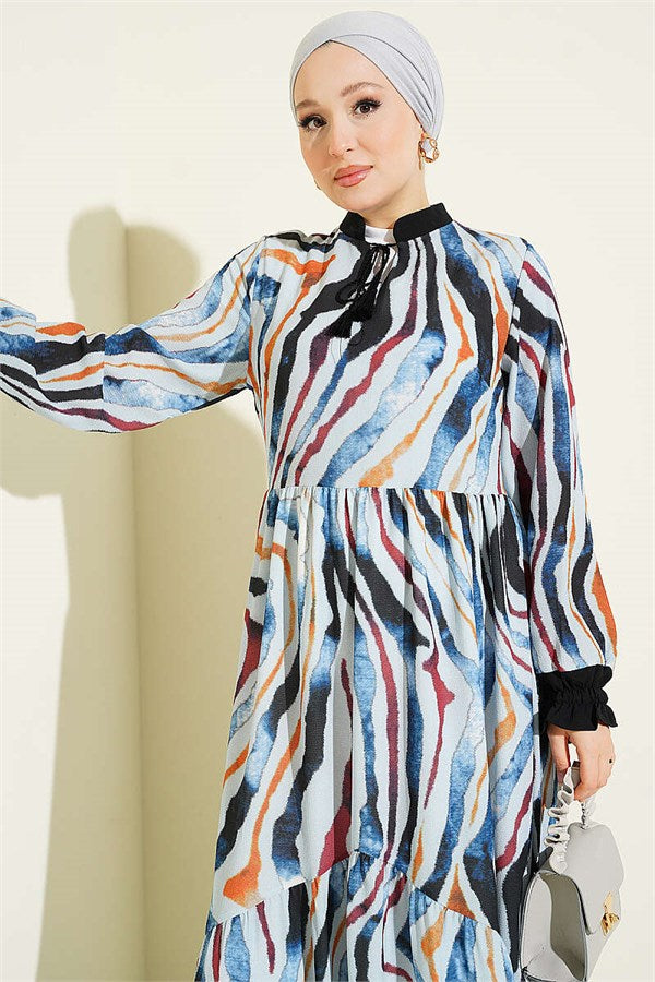 Neckline Tie Dress with Ankle Ruffles, Blue