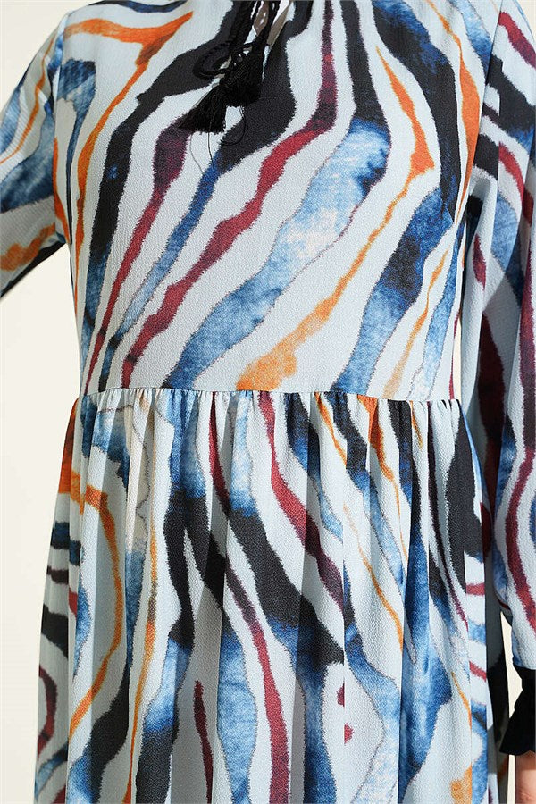 Neckline Tie Dress with Ankle Ruffles, Blue