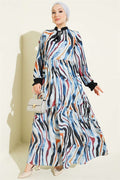 Neckline Tie Dress with Ankle Ruffles, Blue