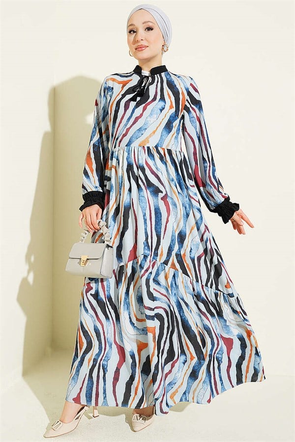Neckline Tie Dress with Ankle Ruffles, Blue