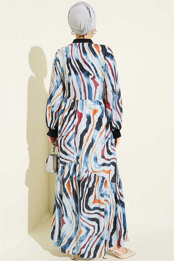 Neckline Tie Dress with Ankle Ruffles, Blue