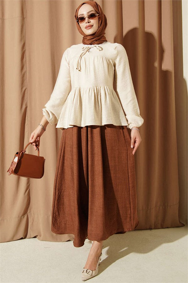 Beige Blouse with Tie Neckline and Elasticated Cuffs