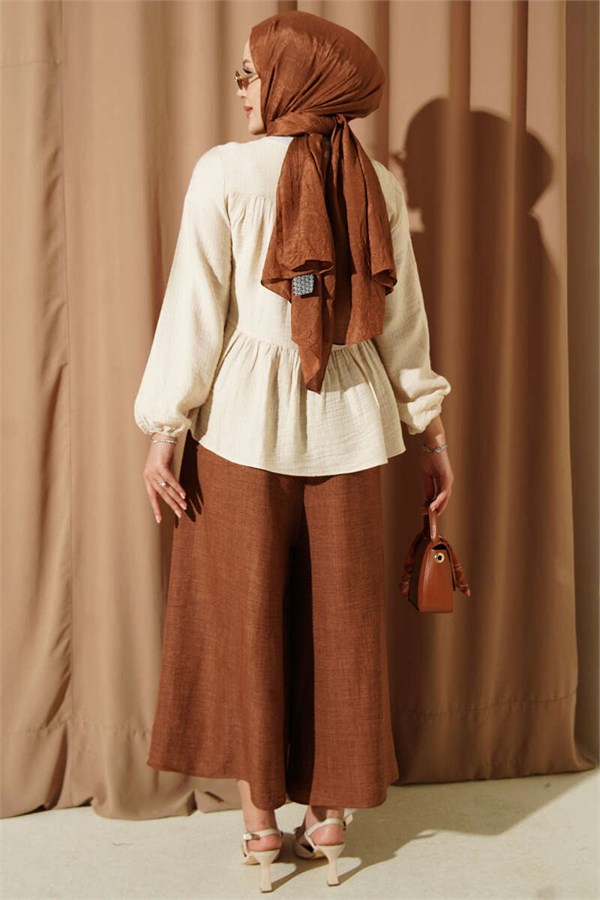 Beige Blouse with Tie Neckline and Elasticated Cuffs