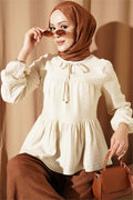 Beige Blouse with Tie Neckline and Elasticated Cuffs