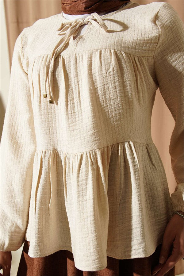 Beige Blouse with Tie Neckline and Elasticated Cuffs