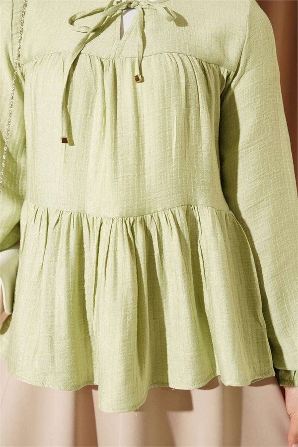 Neckline Tie-Up Cuff Blouse in Light Green