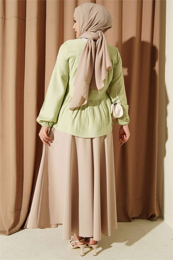 Neckline Tie-Up Cuff Blouse in Light Green
