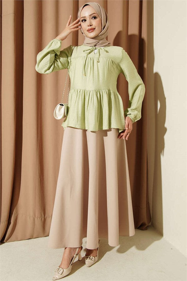 Neckline Tie-Up Cuff Blouse in Light Green