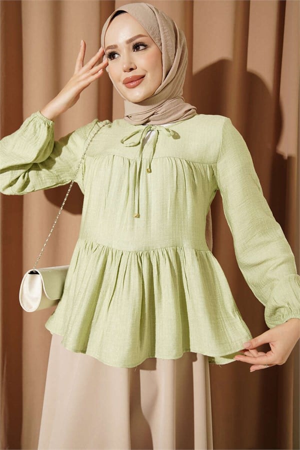 Neckline Tie-Up Cuff Blouse in Light Green