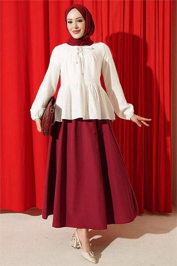 Cream Blouse with Tie Neckline and Elastic Cuffs