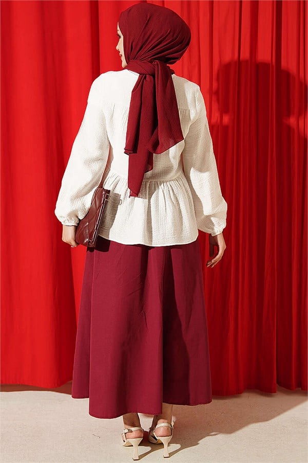 Cream Blouse with Tie Neckline and Elastic Cuffs