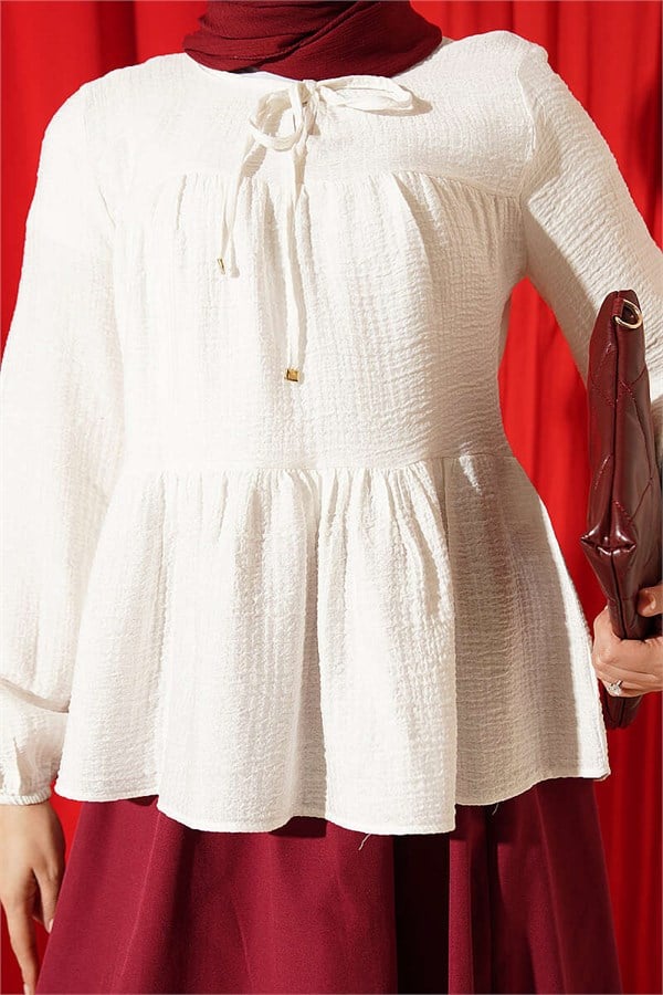 Cream Blouse with Tie Neckline and Elastic Cuffs