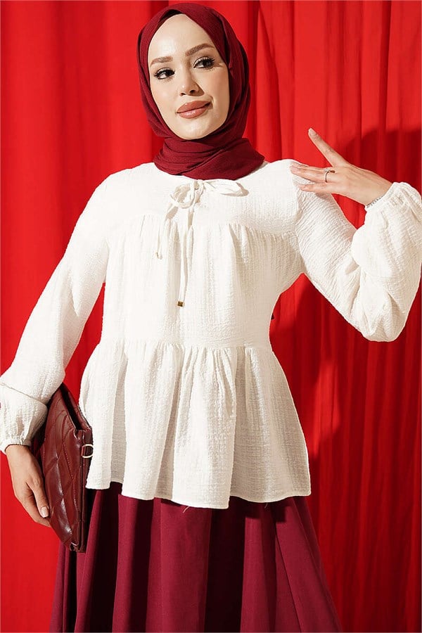 Cream Blouse with Tie Neckline and Elastic Cuffs