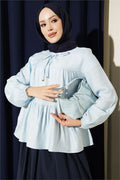 Blue Blouse with Neckline Tie and Elastic Cuffs