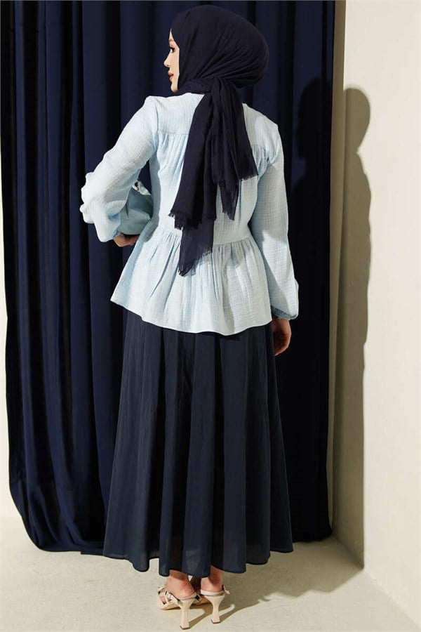 Blue Blouse with Neckline Tie and Elastic Cuffs