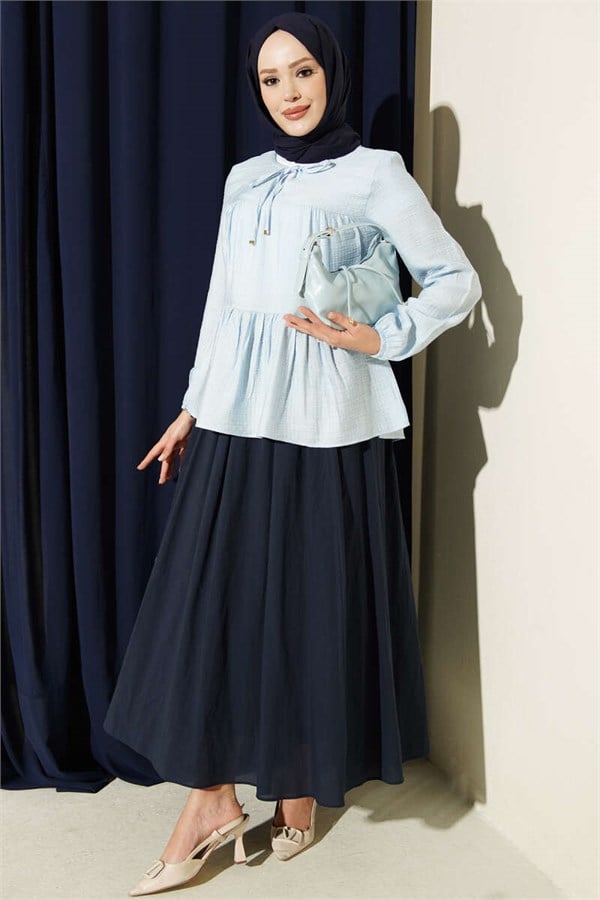 Blue Blouse with Neckline Tie and Elastic Cuffs