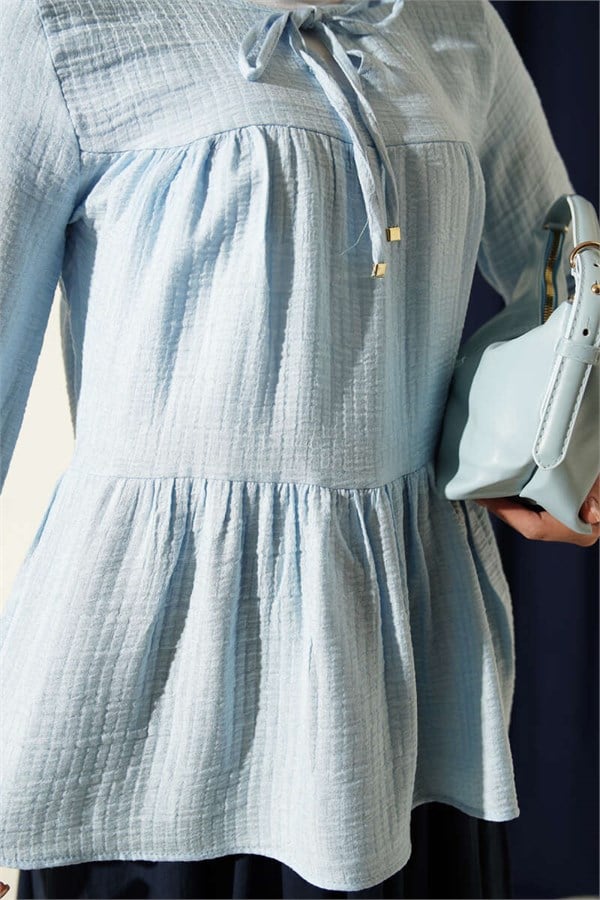 Blue Blouse with Neckline Tie and Elastic Cuffs