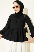 Black Blouse with Neckline Tie and Elastic Cuffs