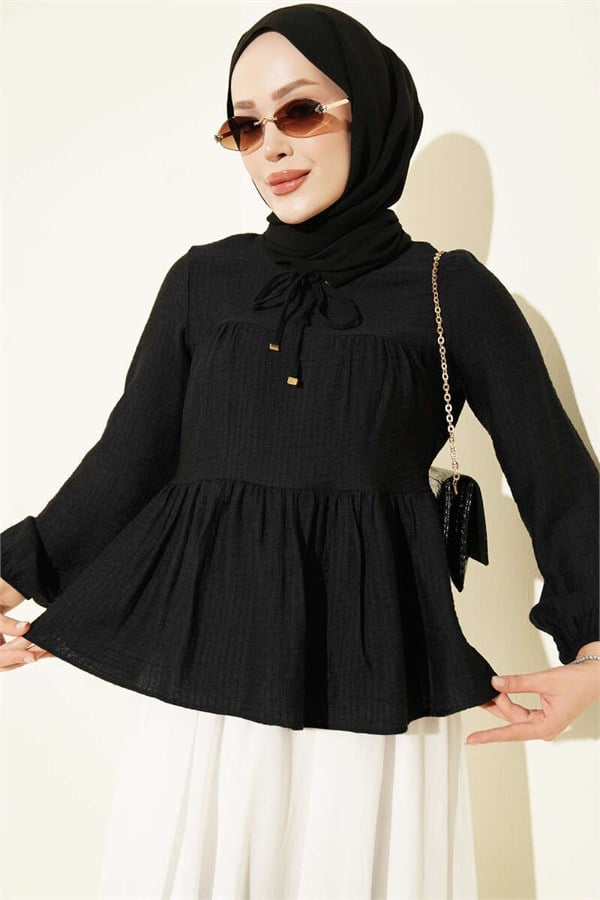 Black Blouse with Neckline Tie and Elastic Cuffs